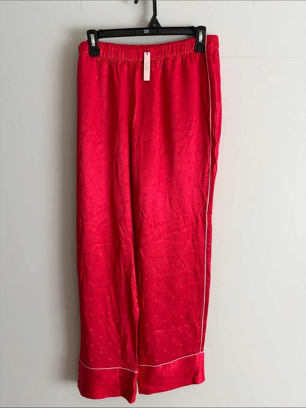 Victoria's Secret Red Satin Lounge Pants with dots & pockets /White stripe. Med.